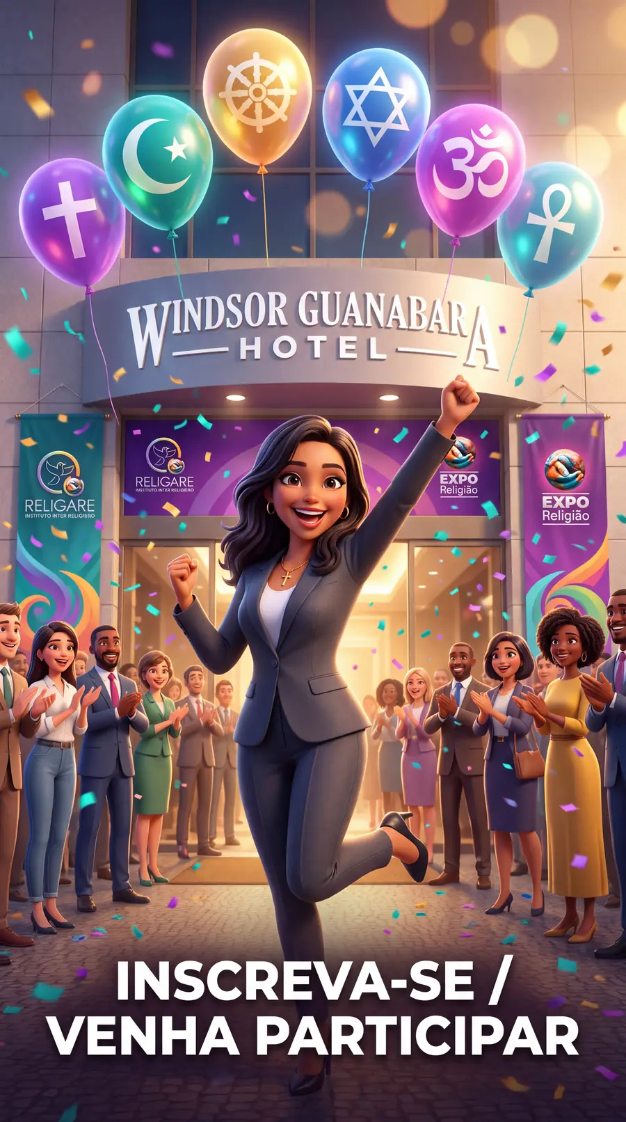 Personagem anfitriã comemorando com balões de símbolos religiosos diante do Windsor Guanabara Hotel