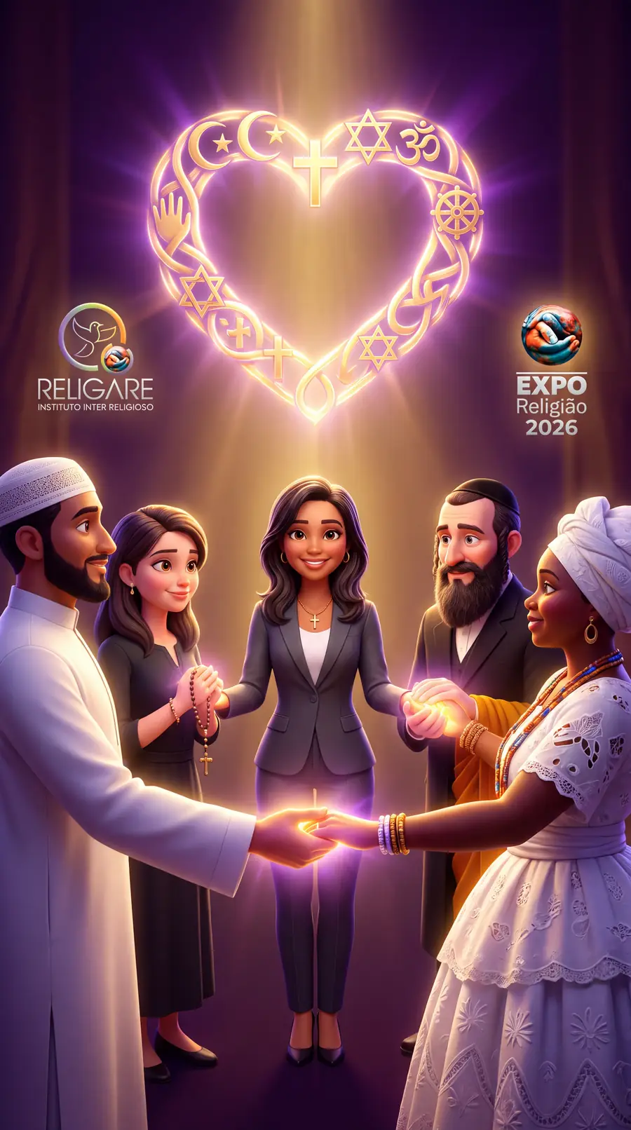 Personagem anfitriã da Expo Religião ao centro, de mãos dadas com representantes de várias religiões, sob um coração de luz feito de símbolos sagrados