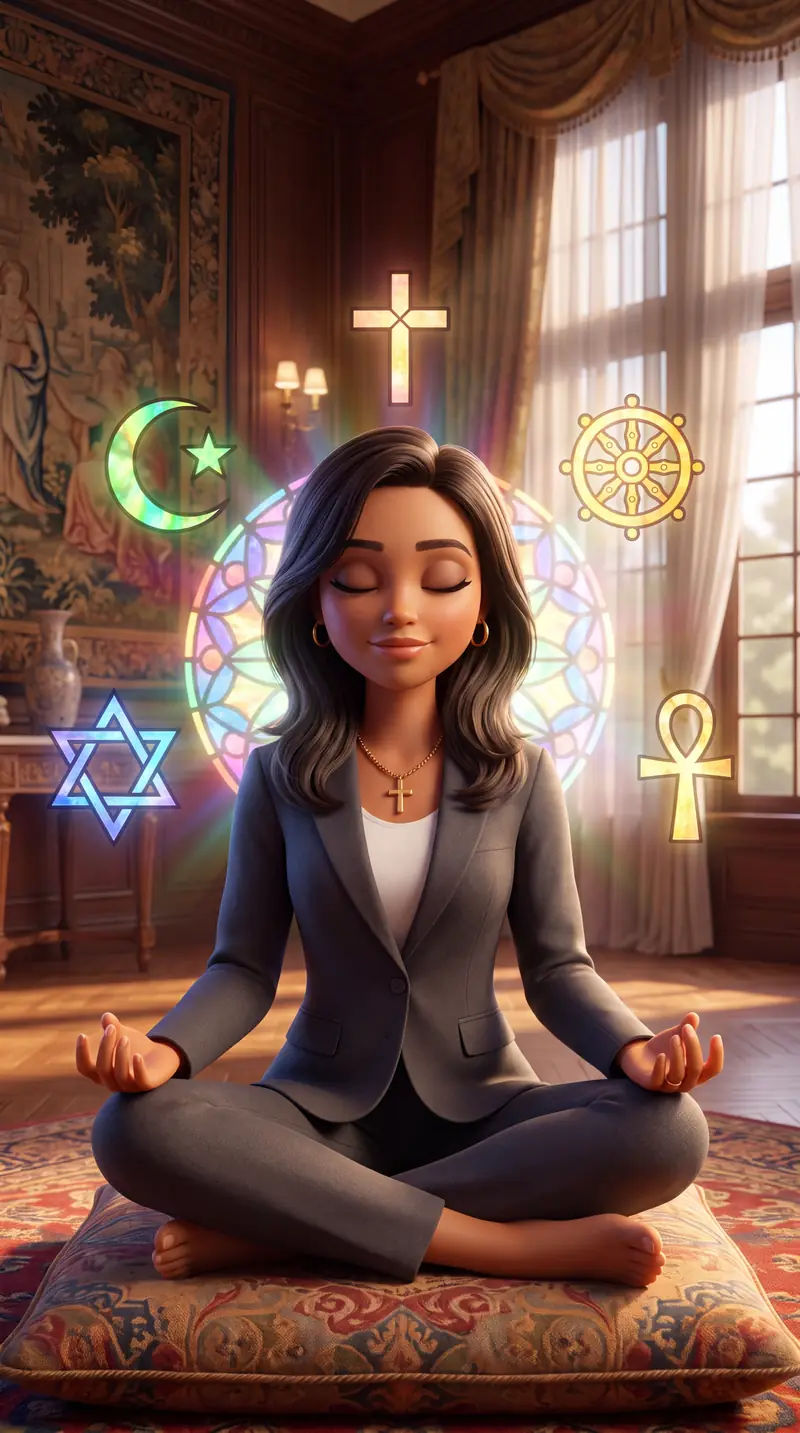 Sala de meditação com símbolos religiosos luminosos flutuando