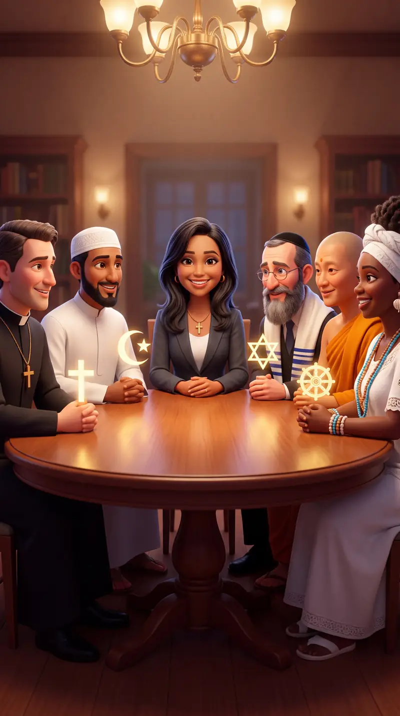 Mesa redonda com representantes de várias religiões conversando