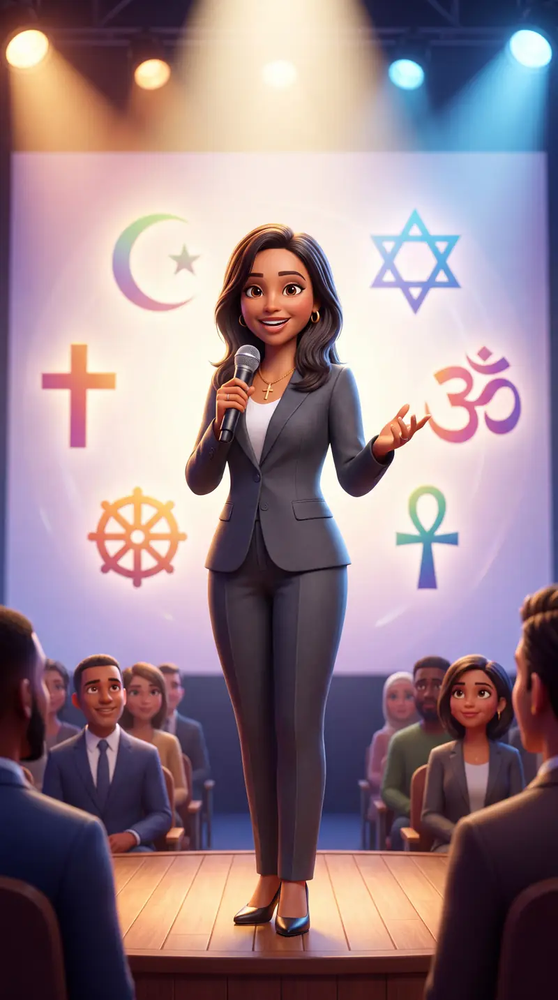 Palestrante com microfone diante de um painel com símbolos de várias religiões