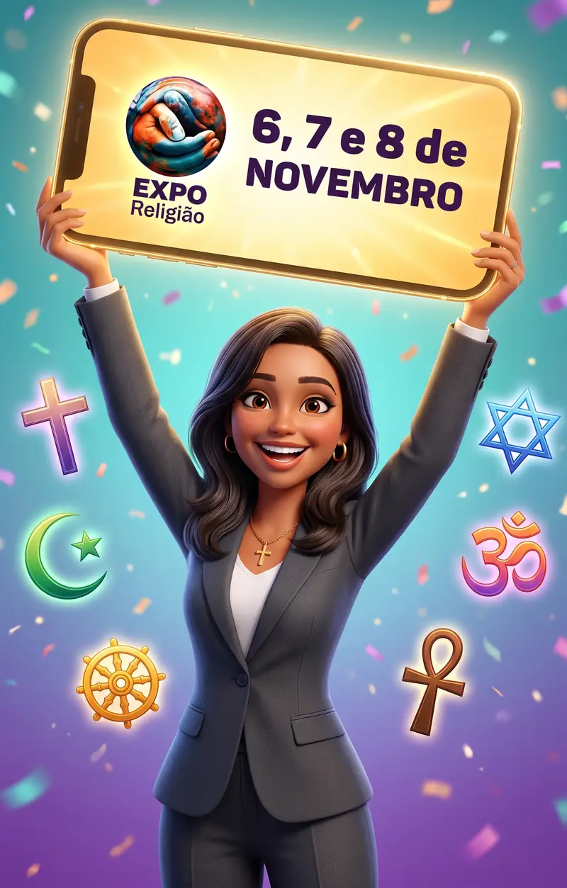 Personagem anfitriã erguendo uma placa com as datas 6, 7 e 8 de novembro